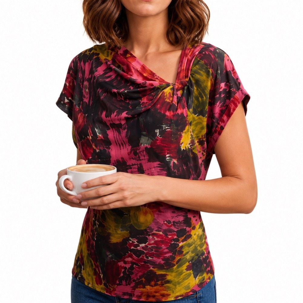 Trina Turk Ayana Watercolor Cowl Neck Top, Pink Yellow Medium Silk Wool USA Made